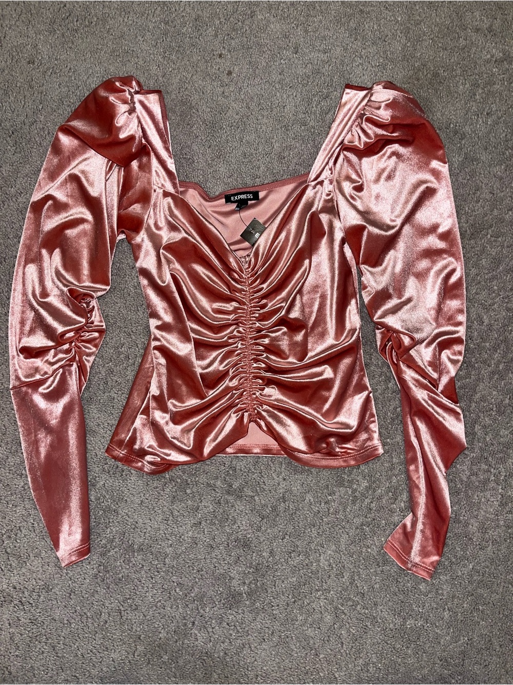 NWT Express Rose-Pink Satin Ruched Puff-Sleeve Long Sleeve Top